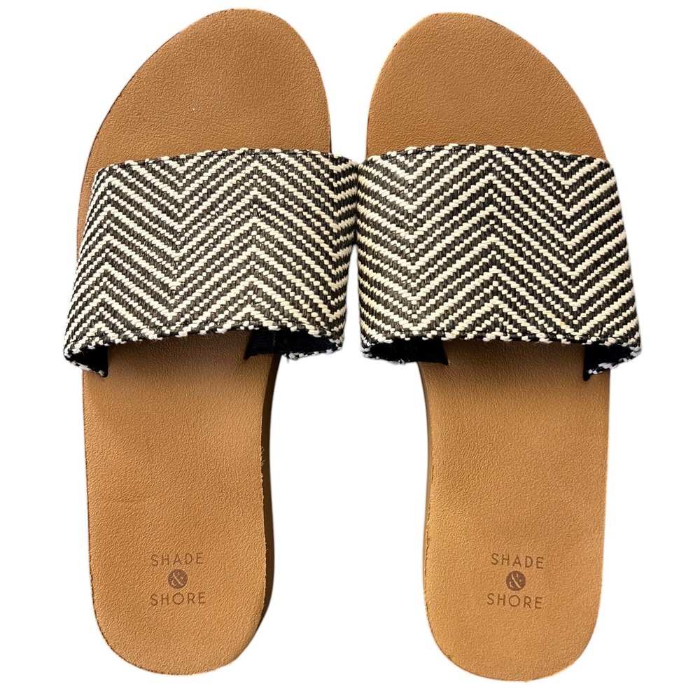 Shade & Shore Chevron Slide Sandals‎ Size 8 Black White Woven Beach Casual